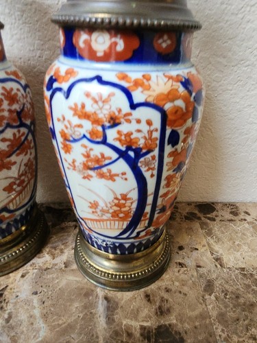 Antique pair Imari Oil Lamps vase Asian Japanese brenner kosmos burner - Picture 7 of 20