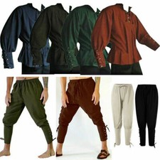 Medieval Renaissance Men Stand-up Collar Knight Shirt Top Lace Up Trousers Pants