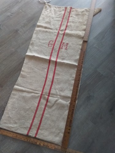 Long ANTIQUE HEMP LINEN MONOGRAMMED FRENCH GRAIN SACK RED STRIPES - Picture 2 of 11