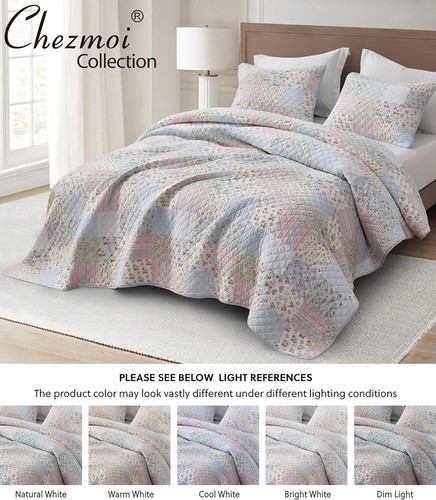 Blue Pink Shabby Chic Floral Bedspread Coverlet Set Pre-Washed Cotton Quilt Set - Picture 5 of 7