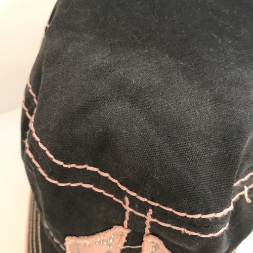 True Religion Women's Distressed Dark Gray/Pink Adjustable Leather Snap-Back Hat - Picture 11 of 11