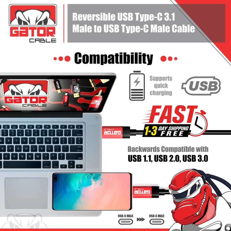 USB-C to USB-C 3.1 Charger Data Cable Type-C Male Fast Charge PD 20W 5A 10Gbps - Image 2 of 4