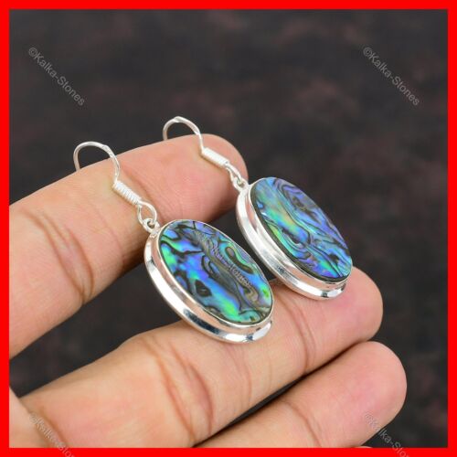 925 Sterling Silver Oval Natural Abalone Shell Dangle Drop Halloween Earrings - Picture 5 of 6