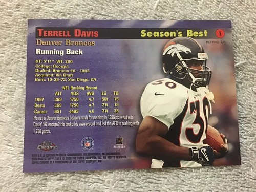 1998 Topps Chrome TERRELL DAVIS Seasons miglior rifrattore Denver Broncos - Foto 3 di 4