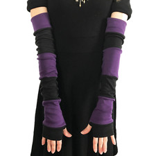 ORGANIC COTTON Long Striped Gloves Purple Hand Warmers Black Armwarmer Patchwork