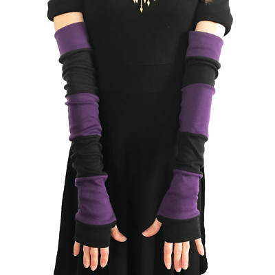 Long Striped Gloves Purple Hand Warmers Black Armwarmers Patchwork Sleeves Psy