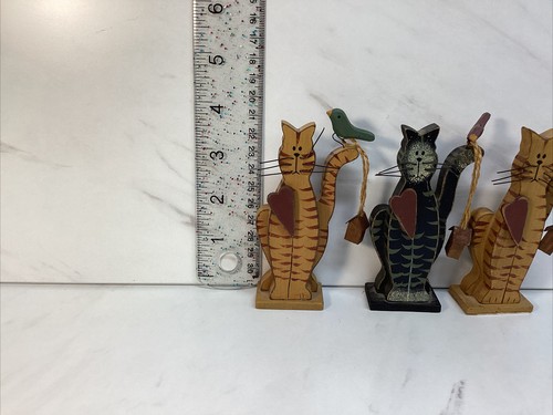 3 Wood Standing Kitty Cat Figurine With Bird Folk Art Decor Orange Black Cat *I - Picture 7 of 9