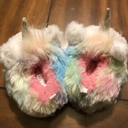 baby girls unicorn slippers faux fur white pink rainbow silver horn size 5/6 - Picture 6 of 10