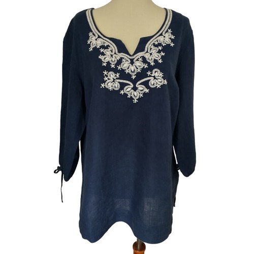 JM Collection Embroidered Linen Tunic Top Sz M Beaded Navy Blue White Boho Chic - Picture 10 of 18