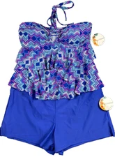 Catalina Tankini Swim Set Womens XL Blue Tropical Print NWT Beach Resort Chic