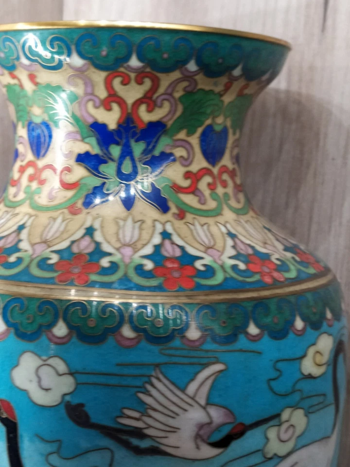  Grand Vase Cloisonné ,Forme Balustre   Décor d'oiseaux , Fleur , XIXème Ancien  - Photo 4/4