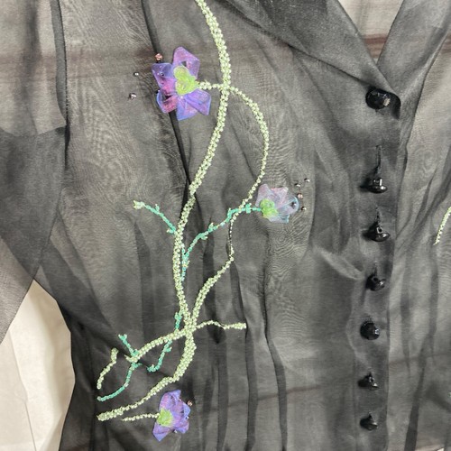 Kay Unger Top Womens 8 Black Sheer Blouse Button Up Embroidered Sequins Collar - Picture 5 of 7