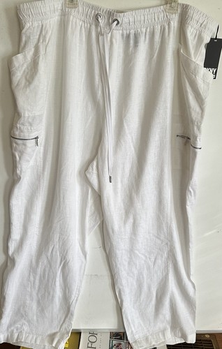 DKNY  Baggy Cargo Pants  Women’s 3X Linen Blend Zipper Pockets White Plus - Afbeelding 1 van 3