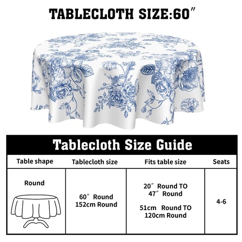 Blue White Floral Round Tablecloth 60 Inch Vintage Flower Table Cloth Elegant... - Bild 2 von 8