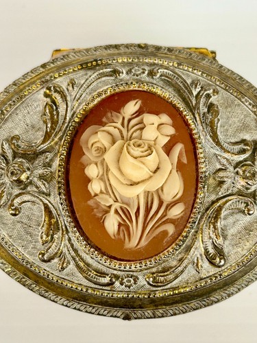 Vintage SANKYO cameo floral trinket jewellery box oval metal gold 1970's JAPAN - Bild 3 von 5