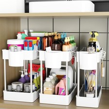3 Pack Under Sink Organizers and Storage, 2 Tier Bathroom Cabinet White
