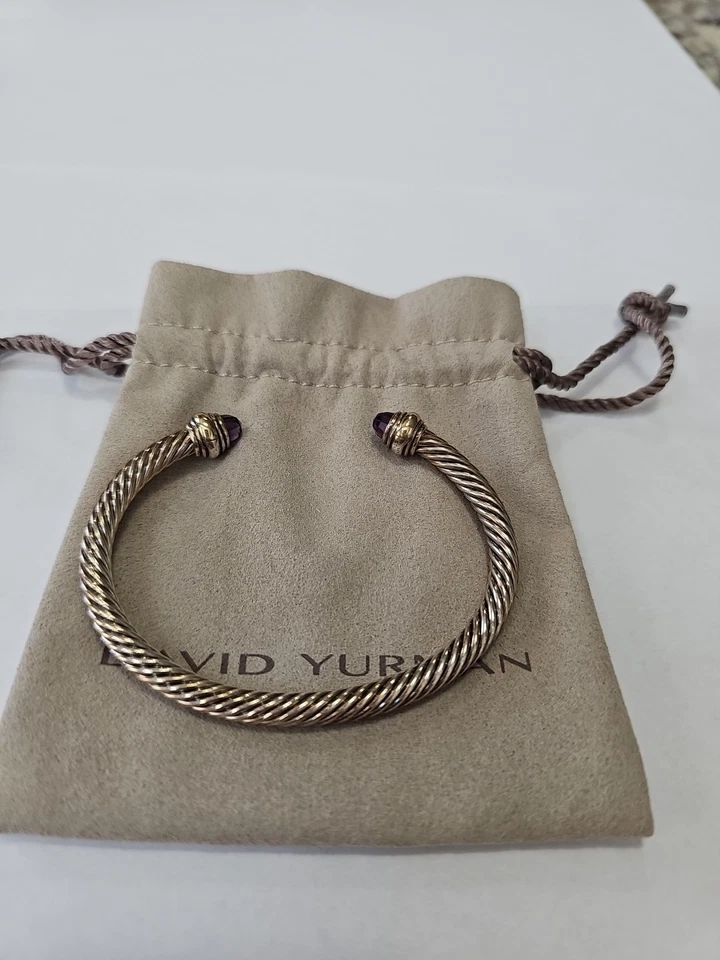 Pulseira David Yurman prata ouro 18k 4mm punho com ametista tamanho M 8" - Imagem 3 de 4