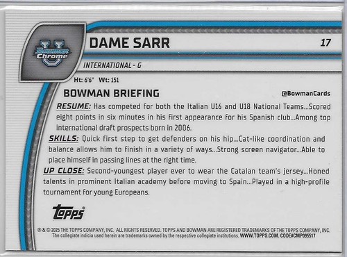DAME SARR 2024-25 BOWMAN CROMO VERDE BRILLO REFRACTOR (RC) - Imagen 2 de 2