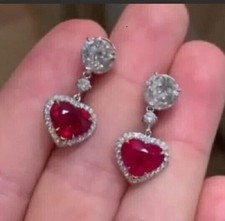 14K White Gold Plated Heart Cut 2Ct Lab Created Red Ruby Women's Drop Dangle