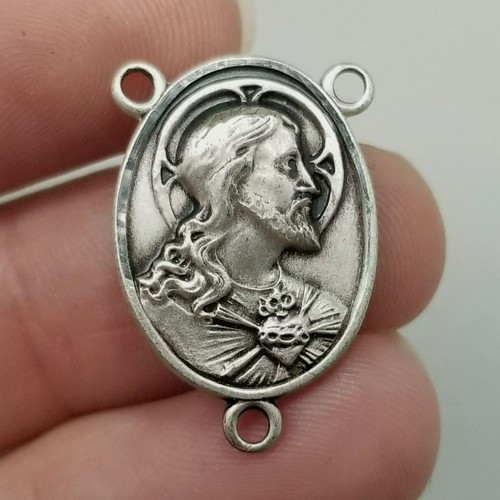 Vintage Sterling Silver Sacred Heart Jesus Rosary Centerpiece