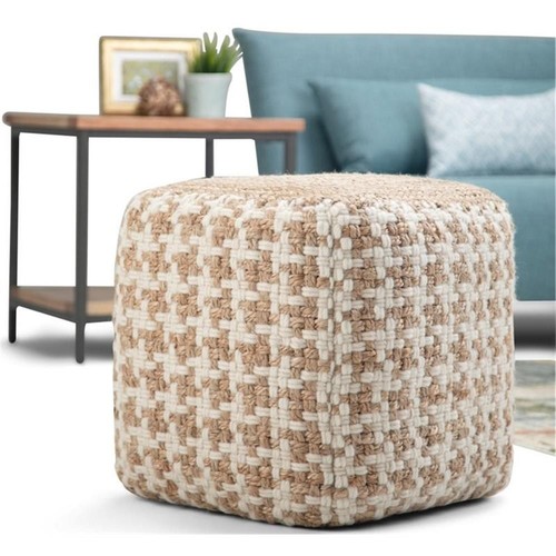 Trent Home Cube Transitional Wool/Jute/Cotton Pouf in Natural/White - Picture 2 of 7