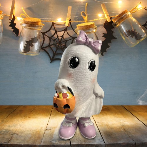 Arco Chica Fantasma con Cubo de Caramelo de Calabaza, Adorno de Halloween Resina Estatua Decoración - Imagen 7 de 12