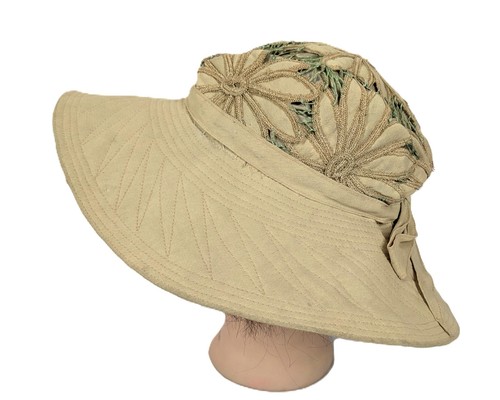 Vintage 1930s Beach Sun Hat Tan Wide Brim Cut-Out Lined Crown Blue Connectors - Picture 5 of 9