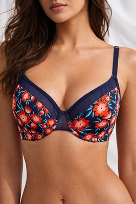 Lively 34DD Bra Blue Poppy Floral Unlined Balconette Underwire Multi Way Straps