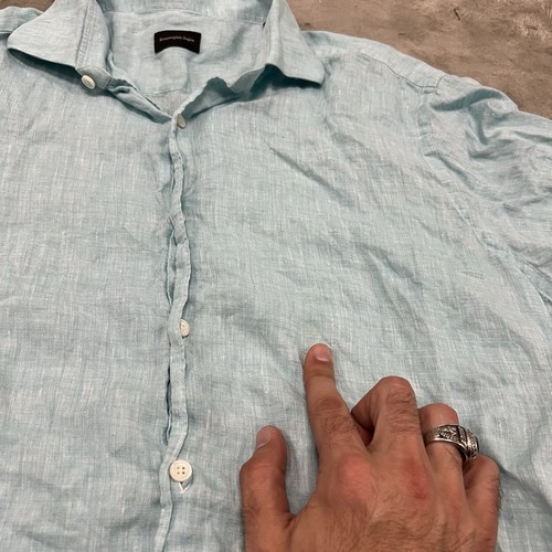Camisa Ermenegildo Zegna Para Hombres Grande Azul Lino Informal Abotonada Clásica LEER - Imagen 3 de 9