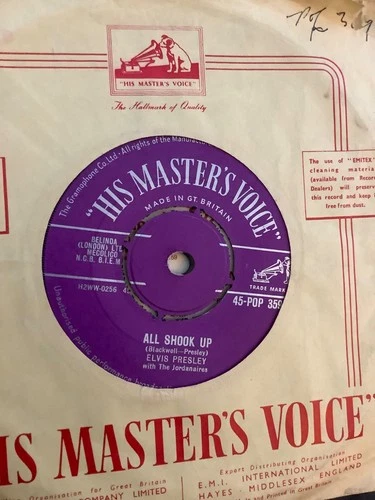 Elvis Presley. All Shook up. .   7” vinyl.  1957. HMV.  records. Silver