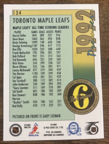 O-Pee-Chee Premier 1992 #134 NHL Toronto Maple Leafs The Original 6 Hockey Card - Picture 2 of 2