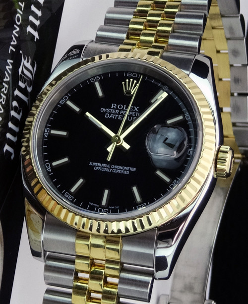 ROLEX Mens 18kt Gold Stainless DateJust Black Index Model 116233 SANT BLANC