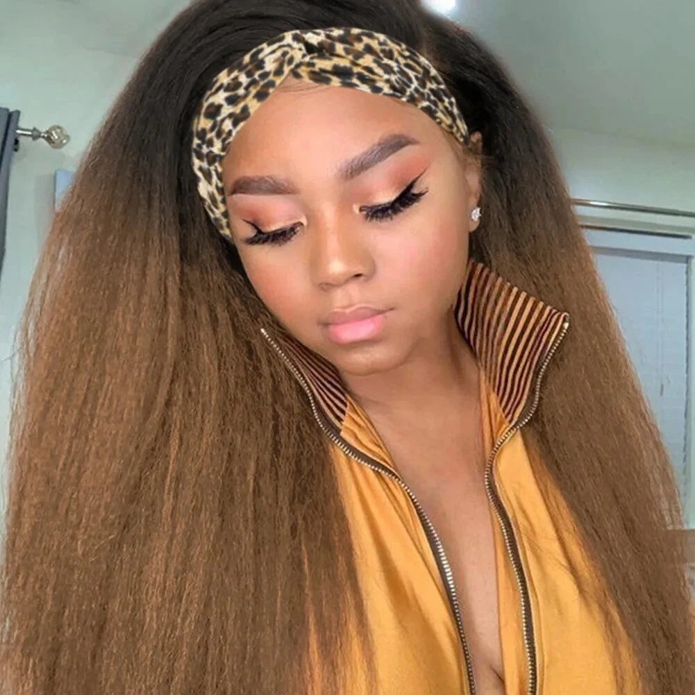 Kinky Straight Ombre Ash Brown to Blonde Headband Wigs Synthetic