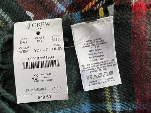 J. Crew Factory Classic Plaid Scarf Acrylic H2853 Red Green 77x24 Fringe NWT - Picture 4 of 4