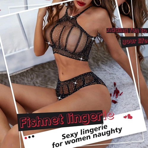 Sexy Dessous für Damen Naughty Sparkle Strass Netz Dessous Set Teddy - Bild 2 von 5