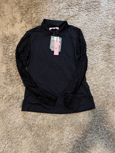 Damen Hannah Childs LS 1/4 Zip Spitzenärmel Golfshirt, schwarz, M