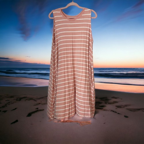 Time Tru Tank Swing Dress Pink White Striped Pockets Sleeveless Plus Sz XXXL 22