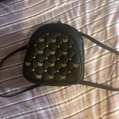 Cute Simple Small Black Leather Backpack Or Handbag With Butterfly Design