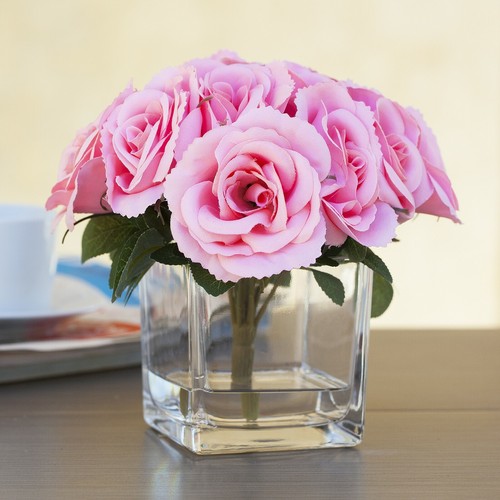 Velvet Rose Artificial Flower Arrangement Centerpiece Cube Vase Faux Water Decor - Picture 7 of 13