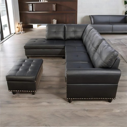 PU Leather Sectional L-Shaped Sofa Living Room Couch Storage Ottoman Left Chaise - Picture 3 of 30
