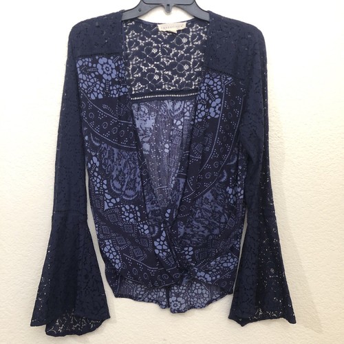 LOVESTITCH Womens Large Bell Sleeve Mixed Media Cross Front Blouse Top NWOT Blue
