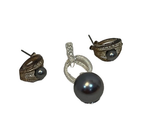 Faux Gray Pearl Earrings & Pendant NVC Nataliya V Collister 1.5”, Silver Tone - Picture 1 of 11