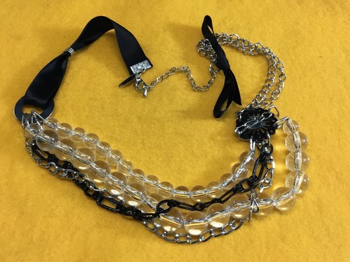 Black Ribbon Multi Strand Clear Acrylic Balls Silver Necklace signed NY, NY&CO - Picture 7 of 9