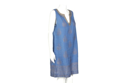 SOFT SURROUNDINGS Blue Gold Sequin Neckline Sleeveless Linen Dress sz M /129 - Picture 5 of 8