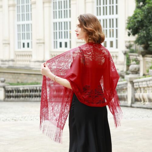 Women's Floral Lace Mesh Party Prom Wedding Shawl Scarf with Fringe - Picture 6 of 6