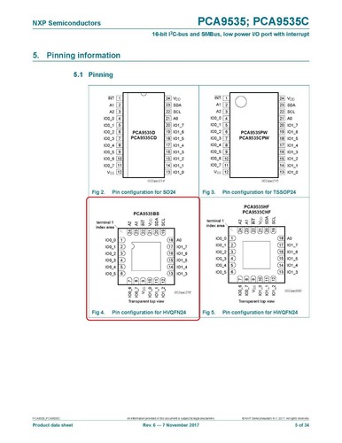 1/5 piezas NXP PCA9535BS, 118 16 bits serie SMBus expansor de E/S I2C CMOS HVQFN-24 - Imagen 5 de 11