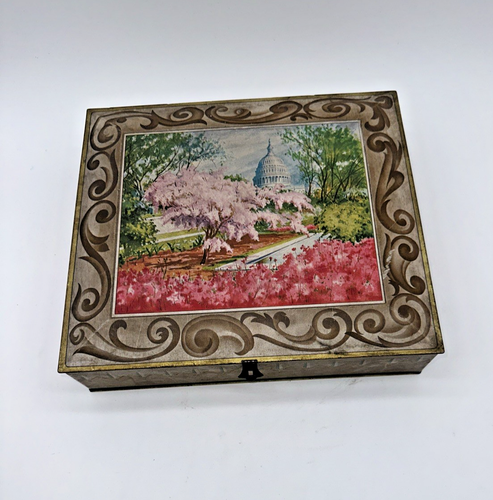 Vtg Large Tin With SUNSHINE BISCUITS Capitol CHERRY BLOSSOMS Wash DC Hinged Lid - Picture 2 of 14