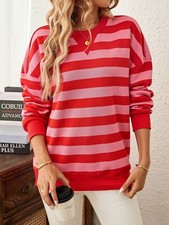 Autumn and winter dual tone striped round neck loose casual sweatshirt for women