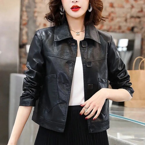 PU Leather Jacket Clothing New Lapel Single Breasted Splicing Retro Short Coats - Bild 8 von 15