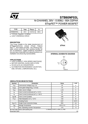 1/5/10 piezas ST Micro STB60NF03LT4 canal N 30V 60A alimentación MOSFET TO-263 - Imagen 2 de 8